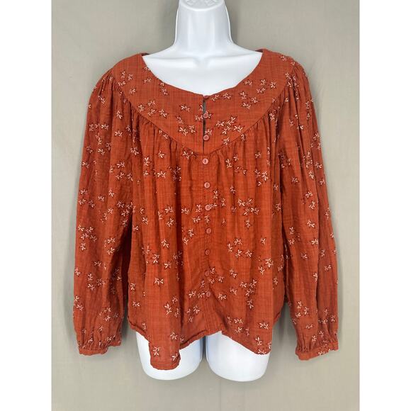 Ana Top Womens XL Orange Rust Floral Flowy Cottage Button Bohemian Long Sleeve - Picture 1 of 7